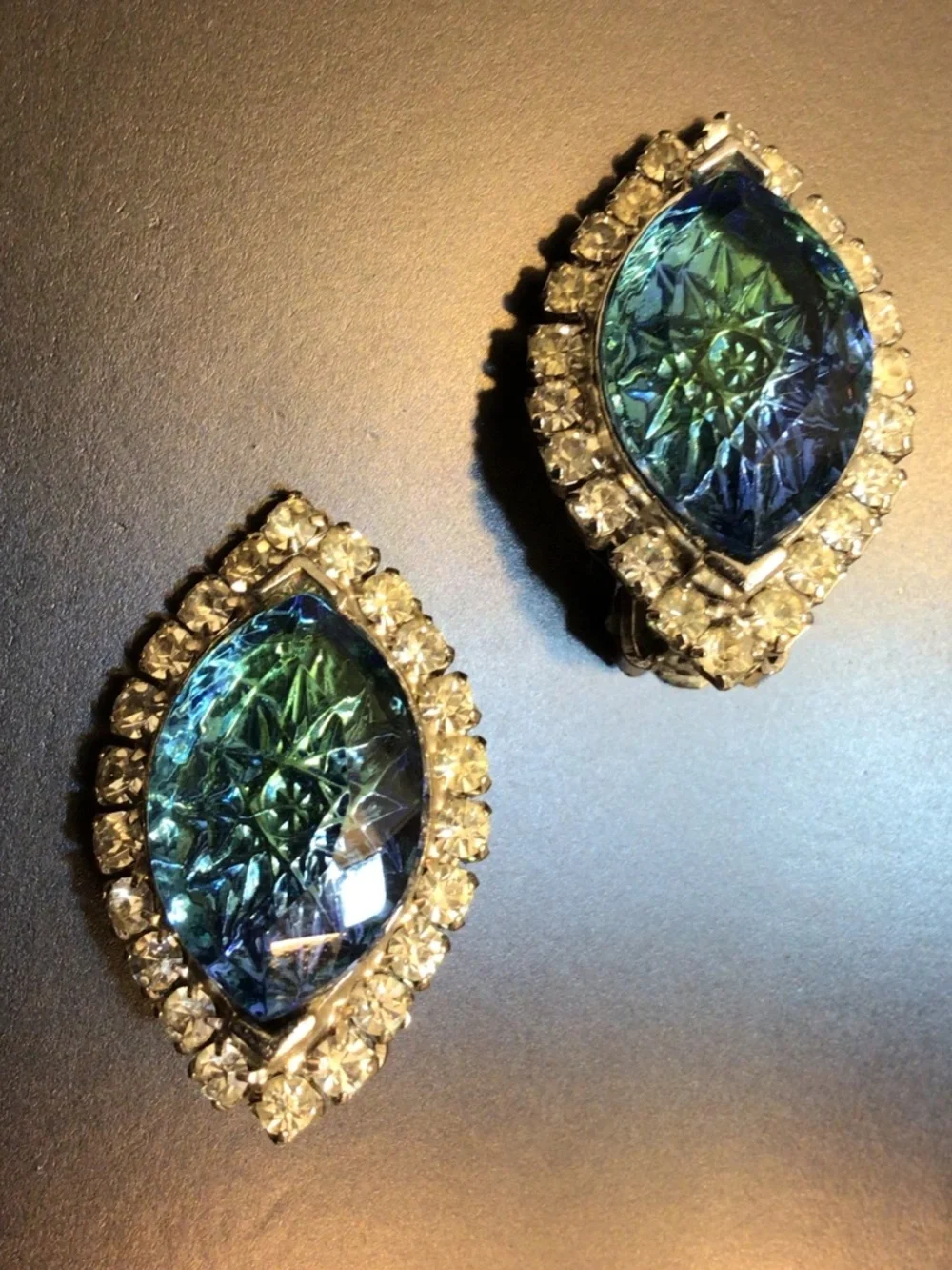 Vintage Mid-century Clip-on Earrings Blue Navette Stones Clear Rhinestones
